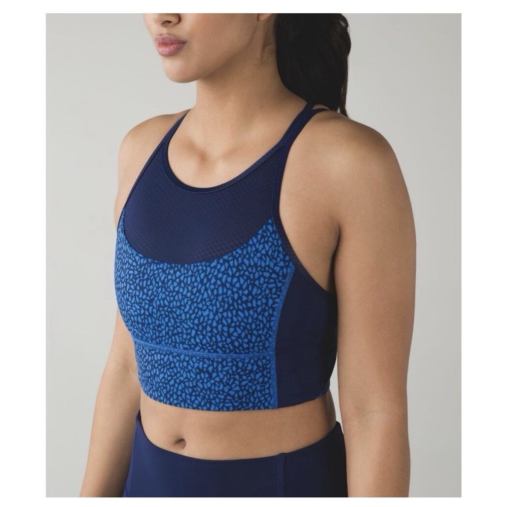 Lululemon Womens Size 6 Blue Longline Sports Bra Strappy Back Yoga Workout